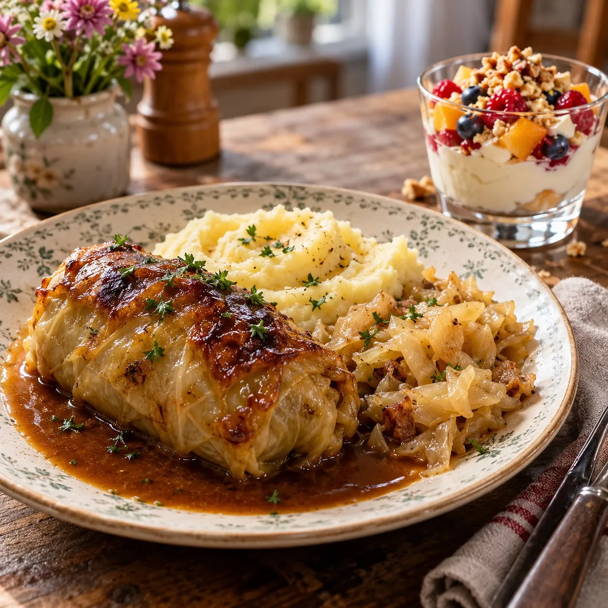Kohlroulade mit Kartoffelpüree und Gemüsebeilage