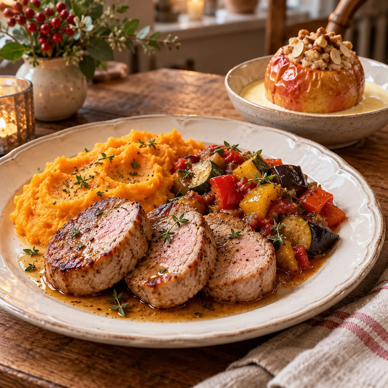 Ratatouille mit Süßkartoffelpüree und Schweinefilet