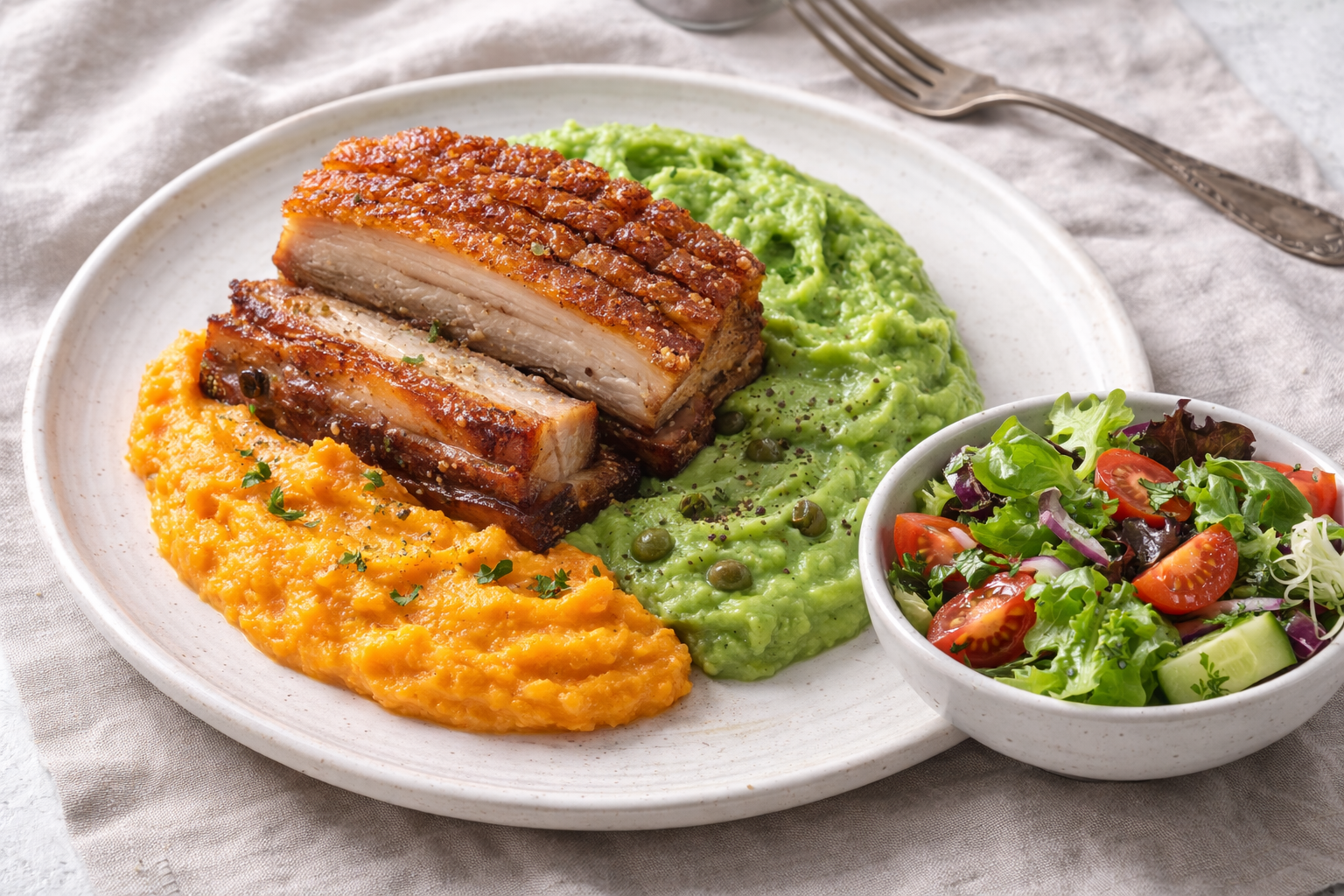 Knuspriger Schweinebauch, Süsskartoffel- und Erbsenpürre und Beilagensalat